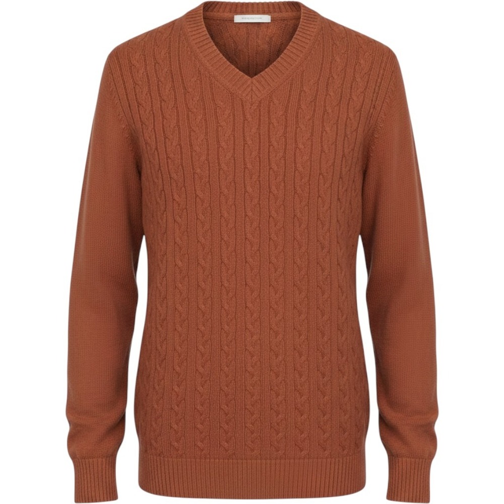 Jos A Bank Mens V-Neck Cable Knit Vintage Sweater Burnt Rust 100% Cotton Size M